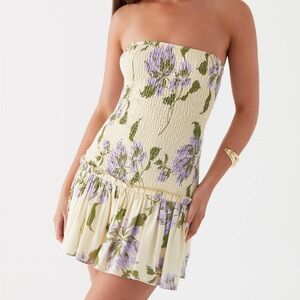 Linen Floral Strapless Dress